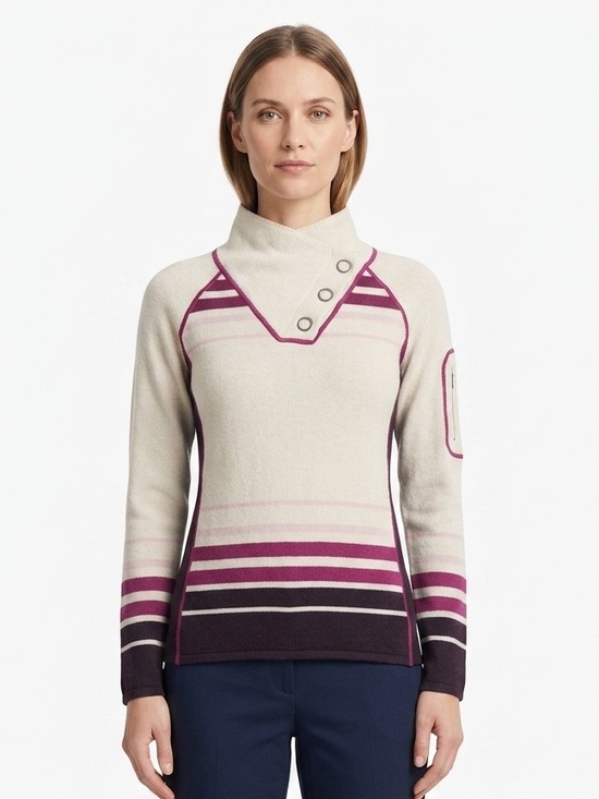 Dakini Sweaters - DAKINI Wool Blend Striped Asymmetric Button Collar Sweater Cream Purple Size Med